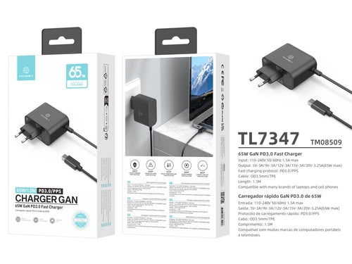 Techancy Carregador Rápido GaN USB-C de 65W TL7347, pequeno e